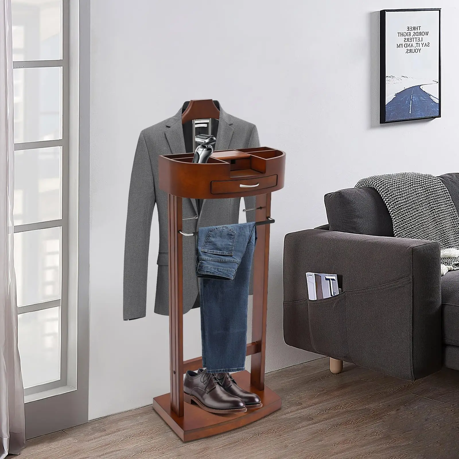 Wood Suit Rack Suit Stand for Men and Women Clothes Valet Suit with Drawer Valet Stands Men Valet Brown Suit Valet for Entryway