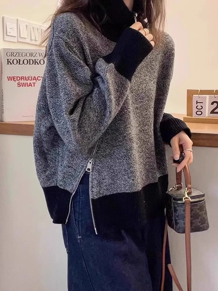 

Шикарный свитер с высоким воротником на молнии, модный вязаный топ, женский премиум-дизайн, зимняя новинка в корейском стиле