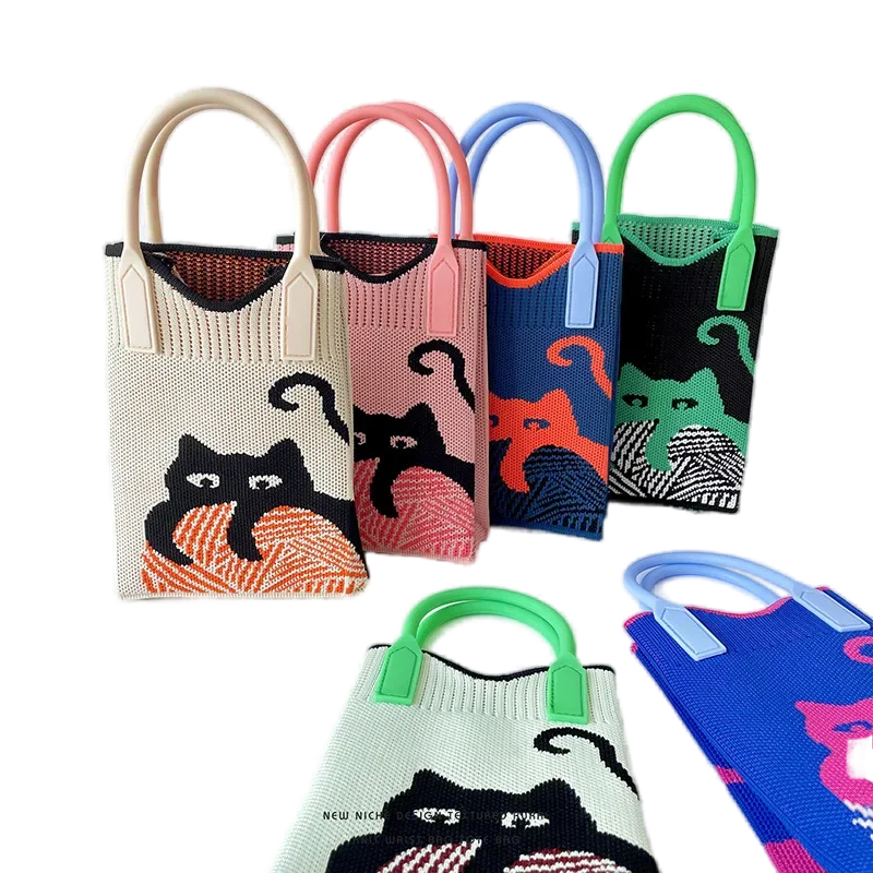 New Women Shoulder Bag Fashion Polyester Fabric for Knitting Cute Cat Pattern Handbag Casual Capacity Shopper Tote Bags