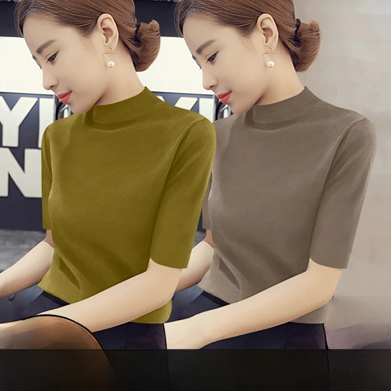 

Весенне-летняя женская футболка ort Sve f с высоким воротником в рубчик, внутренняя одежда, топ, модный корейский топ для поездок на работу
