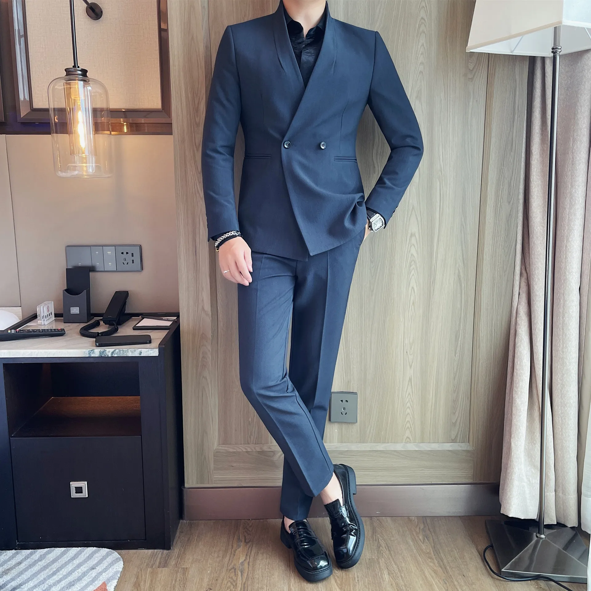 

Navy Slim Fit Suit Double Breasted Blazer Suit Mens 2 Piece Set Elegant Banquet Suit Business Outfits Customize