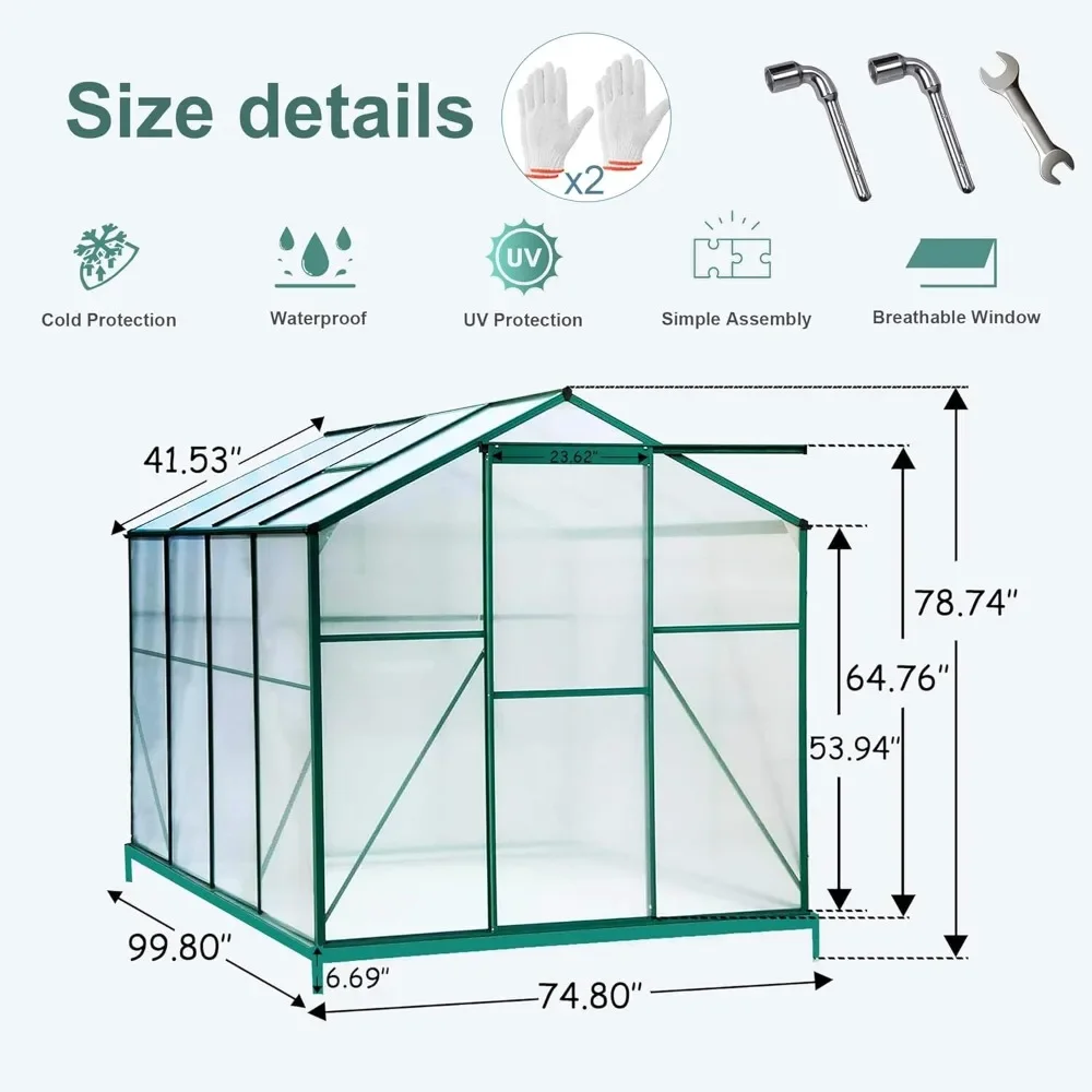 6x8 FT Hybrid Polycarbonate Greenhouse, with Sliding Door, 2 Vent Window and Lockable Hinged Door, Walk-in Hobby Greenhouse