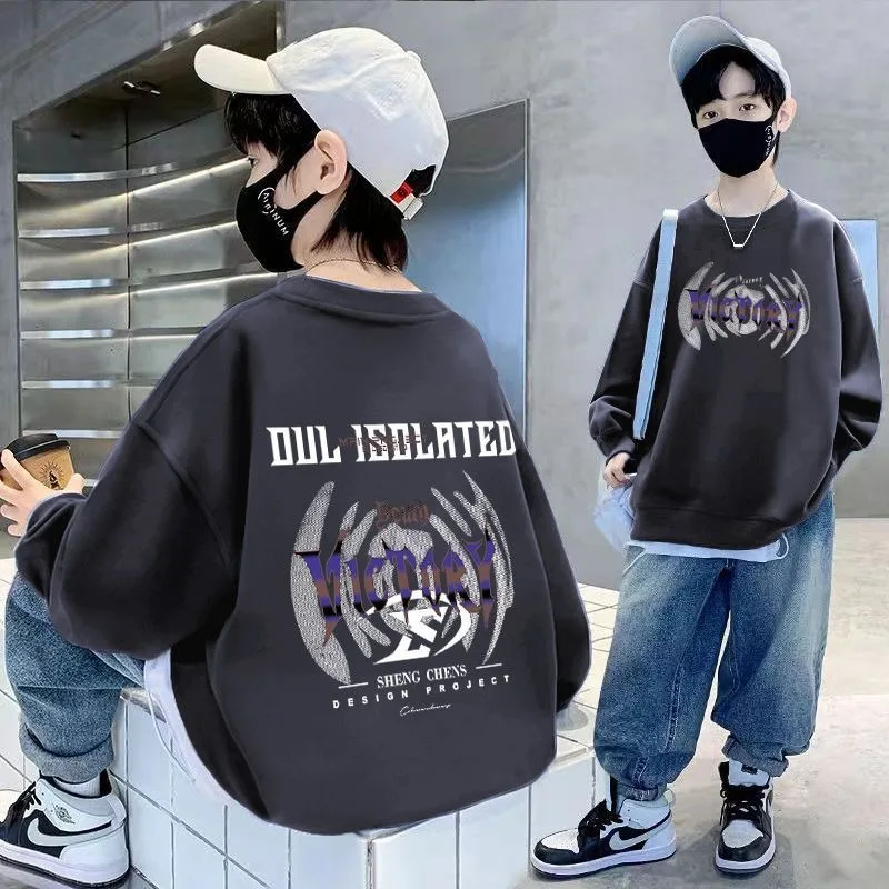 

Новинка 2025 года, модная толстовка с круглым вырезом и длинными рукавами для мальчиков, осень-весна, стильный корейский топ среднего и большого размера для детей