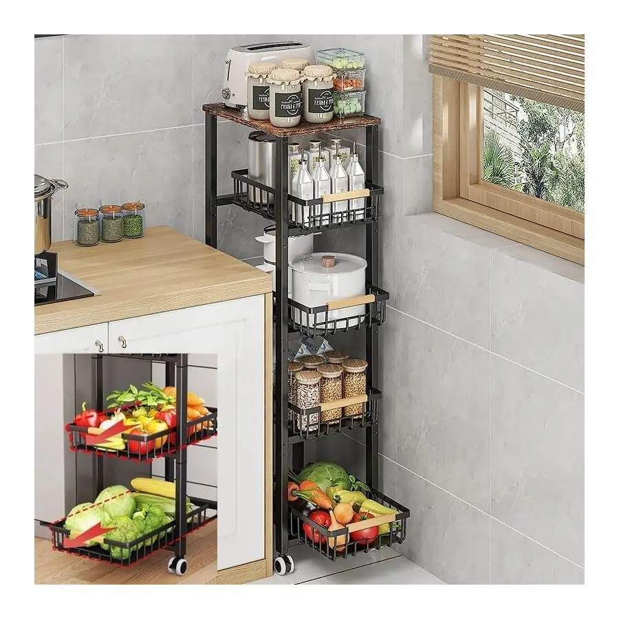 

Металлические корзины на колесиках, кухонные штабелируемые контейнеры для хранения овощей и фруктов с выдвижной деревянной ручкой и противоскользящим дном