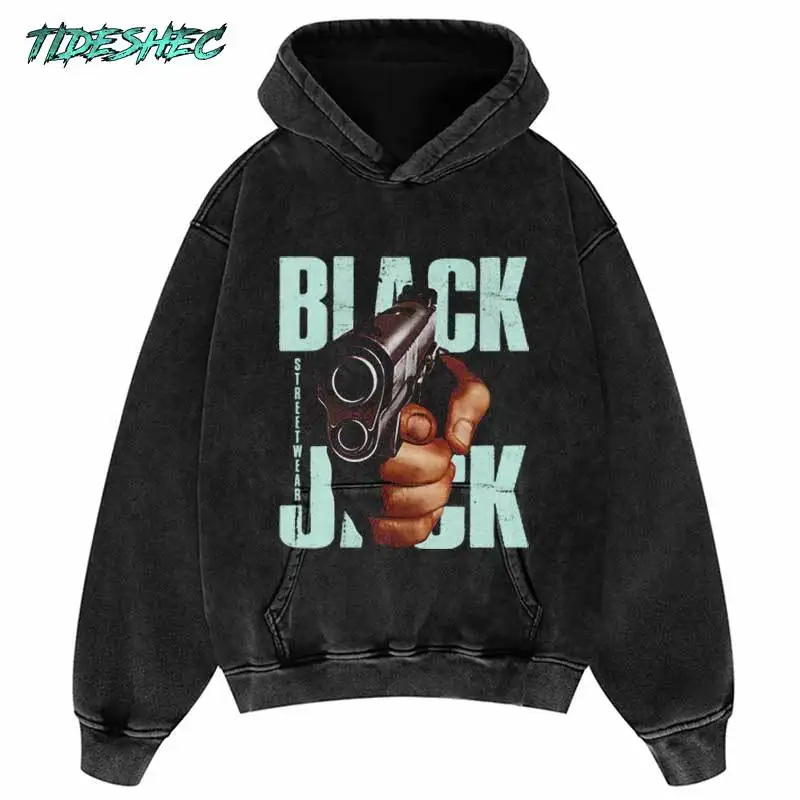 

Vintage Hoodie Streetwear Hip Hop Letter Pistol Graphics Print Oversize Hooded Sweatshirt Fashion Punk Gothic Washed Hoodies