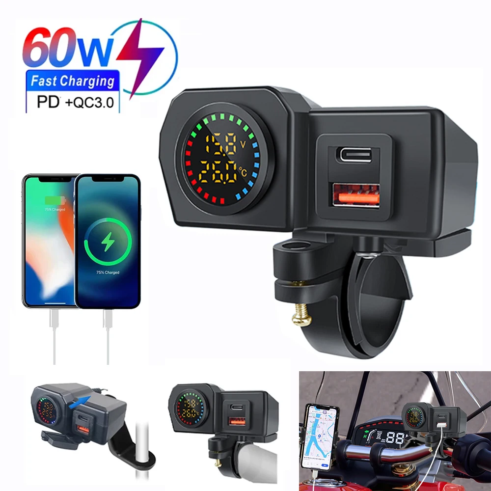 60W QC3.0+PD Motorcycle Handlebar & Rear Mirror With Digital Voltmeter Thermometer USB Socket Fast Charger Phone Power Adapter