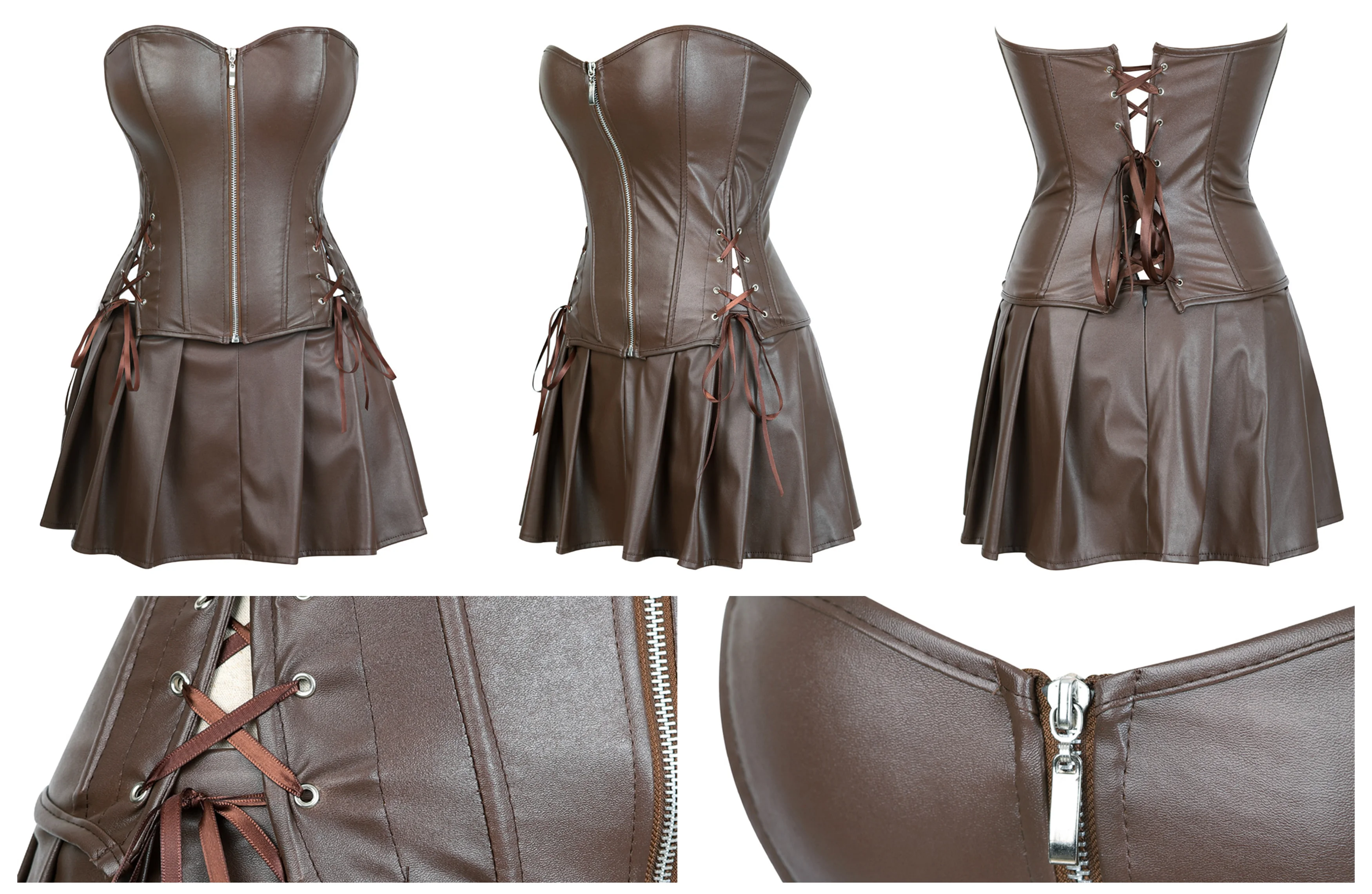 Sexy Leder Korsetts Rock Set Overbust Burlesque Zipper Gothic Punk Bustier Frauen Steampunk Lace Up Korsett Kleid Plus Größe – Detail 8
