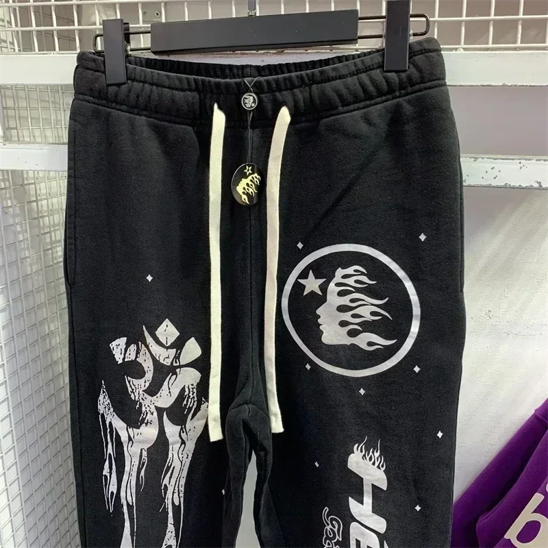 Pantalones de chándal acampanados de algodón puro negro para mujer, pantalones de chándal con cordón, pantalones de gran tamaño para hombre