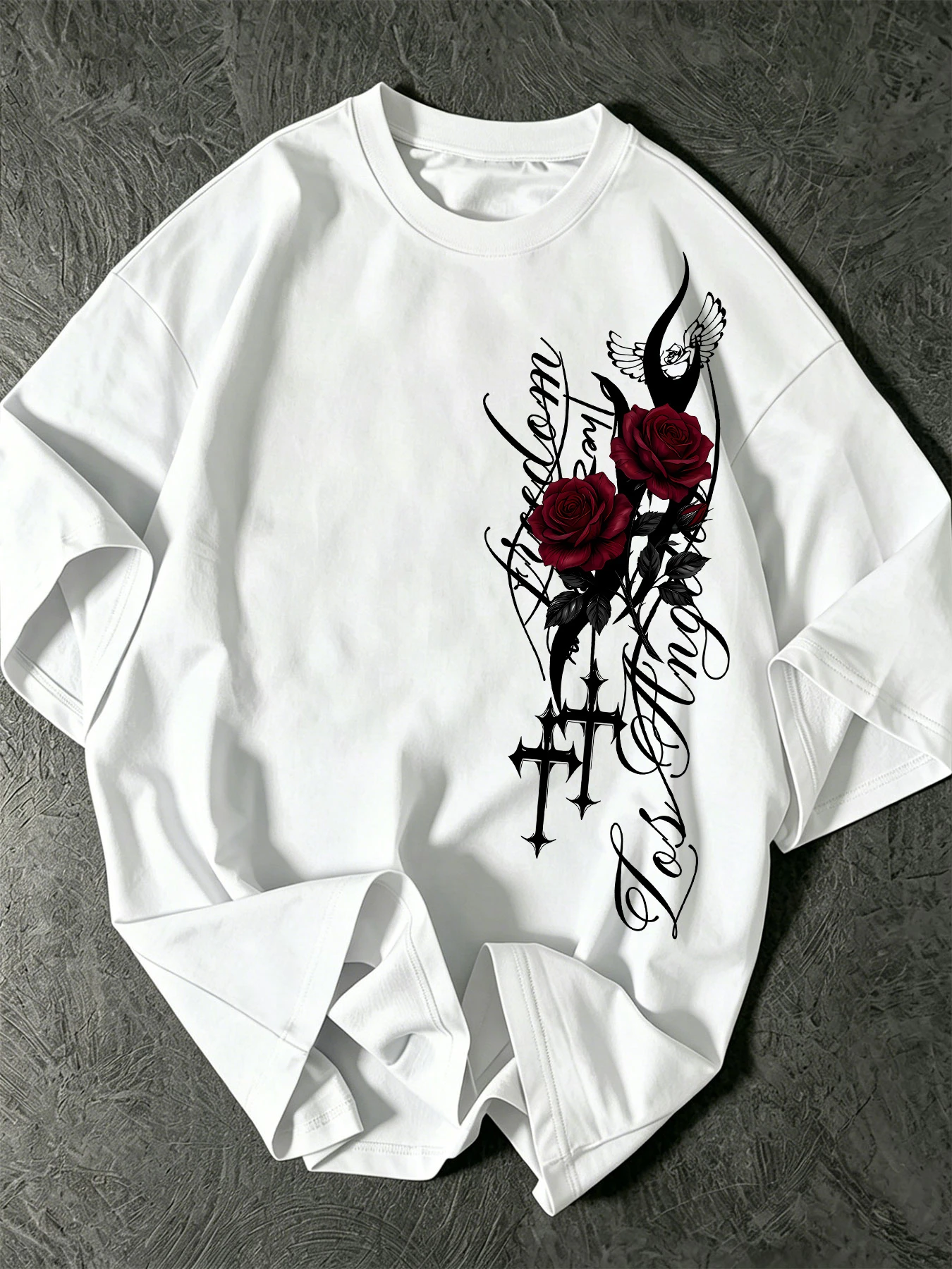 Men'S Pure T-Shirt with Individual Rose  American Retro Subculture Pure Fabric Oversized Fit Outdoor Travel Summer Casual Top