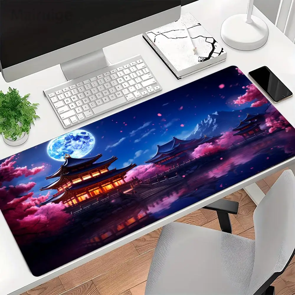 Mount Fuji Cherry Cottage Desk Mat Japanese Serene Style Premium Bound Edge Large Size Anti-Slip Keyboard Pad for Laptop