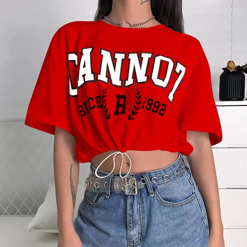 Preppy Style Letter Printed Crop Tops Women Summer Y2k Drawstring Street Fashion Short Sleeve T-shirts 2023 Indie Casual Tops