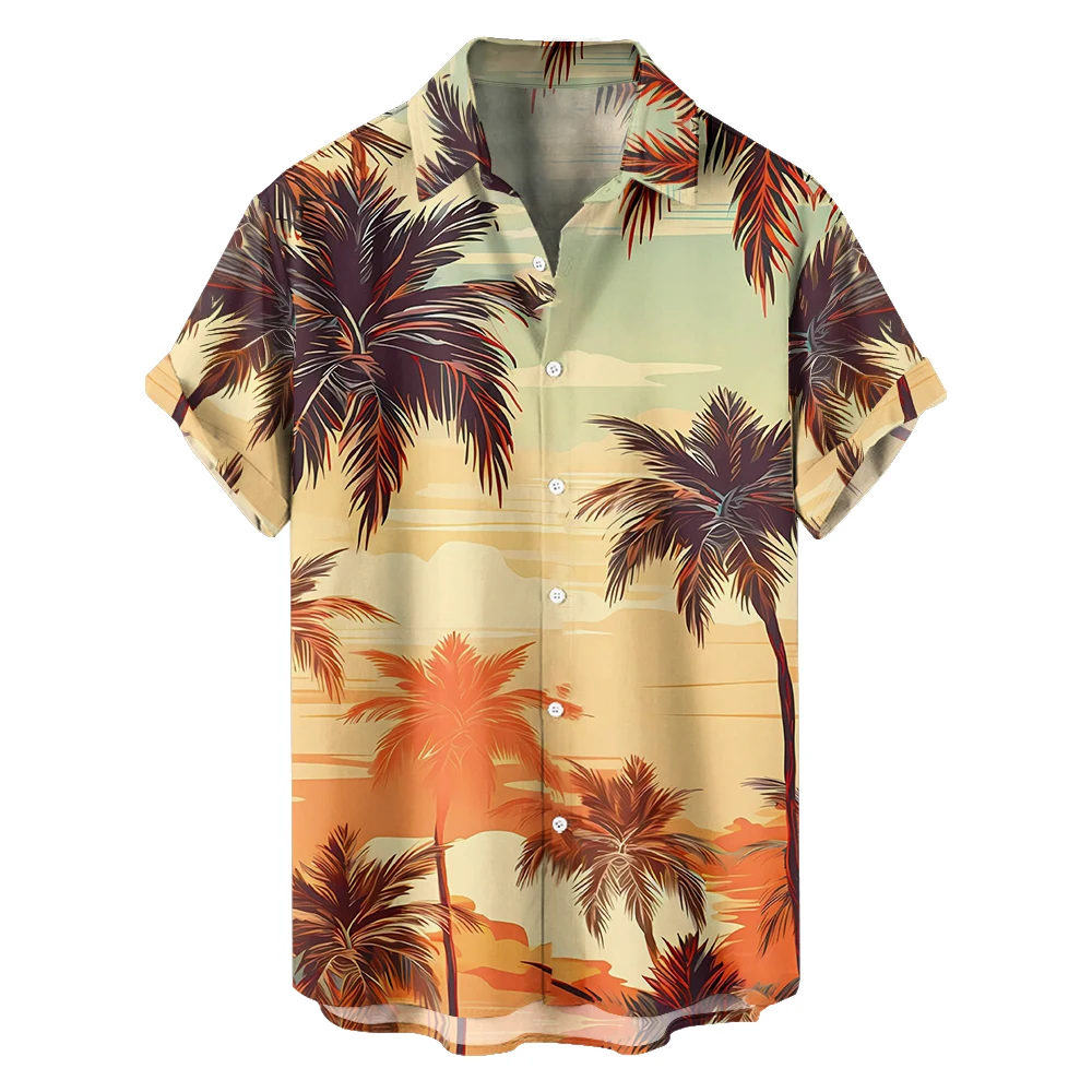 Camisa de manga corta con solapa para hombre, top informal con estampado de atardecer, estilo de vacaciones en la playa, holgado y fino, talla grande, Verano