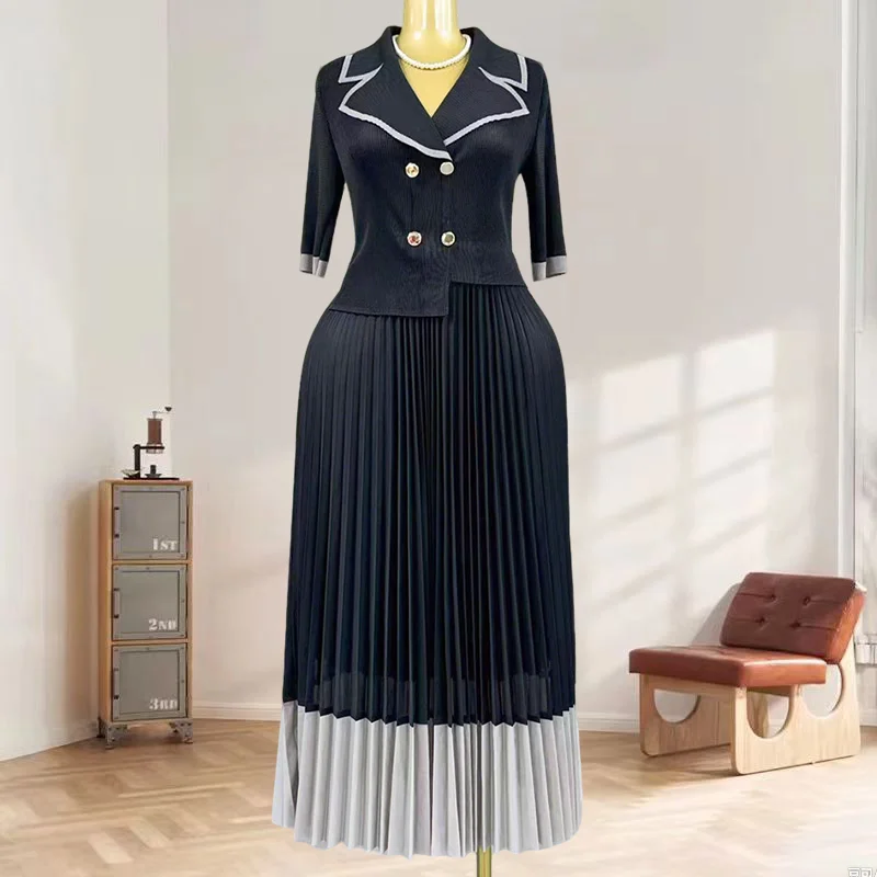 

Miyake Pleated Plus Size Women's 2025 Summer New Miyake Pleated Dress Fake 2 Pieces Splicing Collision Colour Pleated Long Skirt