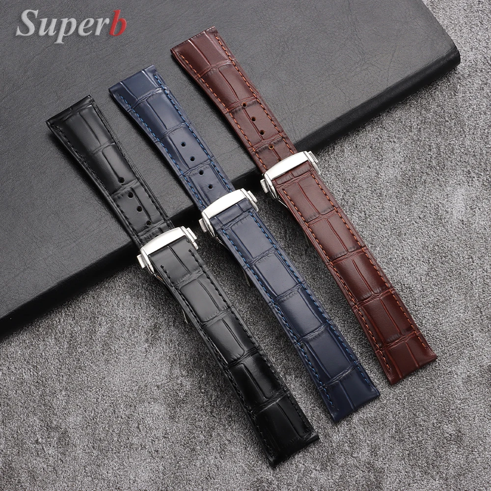Quality Leather Watch Strap 19mm 20mm 21mm 22mm for Omega Seamster Watch Solid Steel Deployant Clasp Bamboo Leather Watch Bands