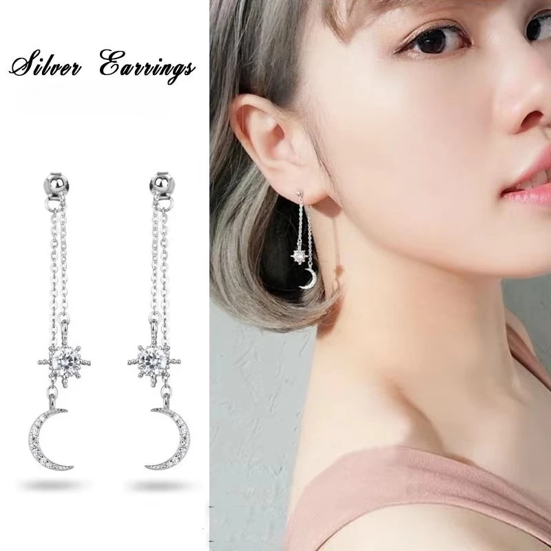 Nowa gorąca moda 925 Sterling Silver Crystal Star Moon długie kolczyki dla kobiet dziewczynki prezent moda oświadczenie biżuteria — zdjęcie 3