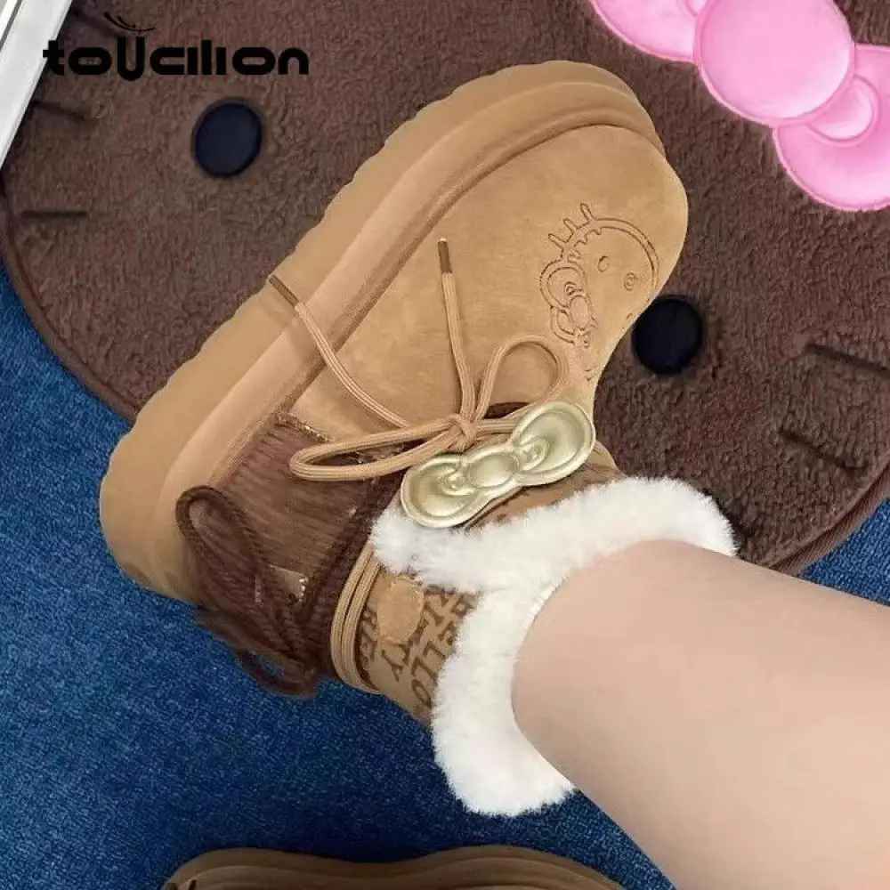 Kawaii Hello Kitty Winter New Snowshoe Anime Cartoon Bow Plush Casual Fashion Girl Student Thick Bottom Outdoor Warm Snow Boot