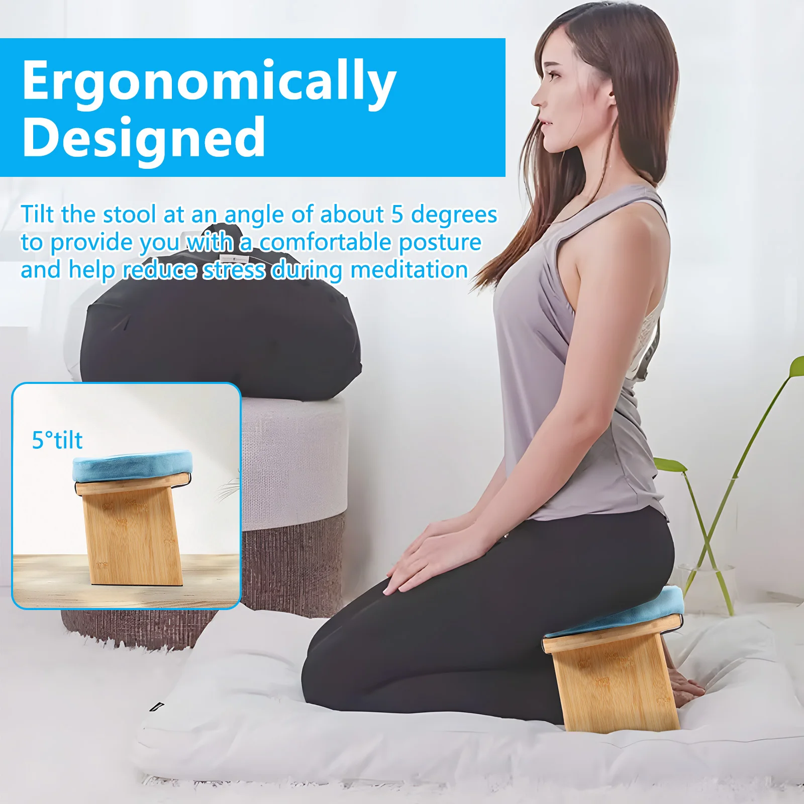 Prayer Bench Foldable Bamboo Yoga Bench with Cushion and Carry Bag Ergonomic Kneeling Stool for Indoor Outdoor Sitting Thinking