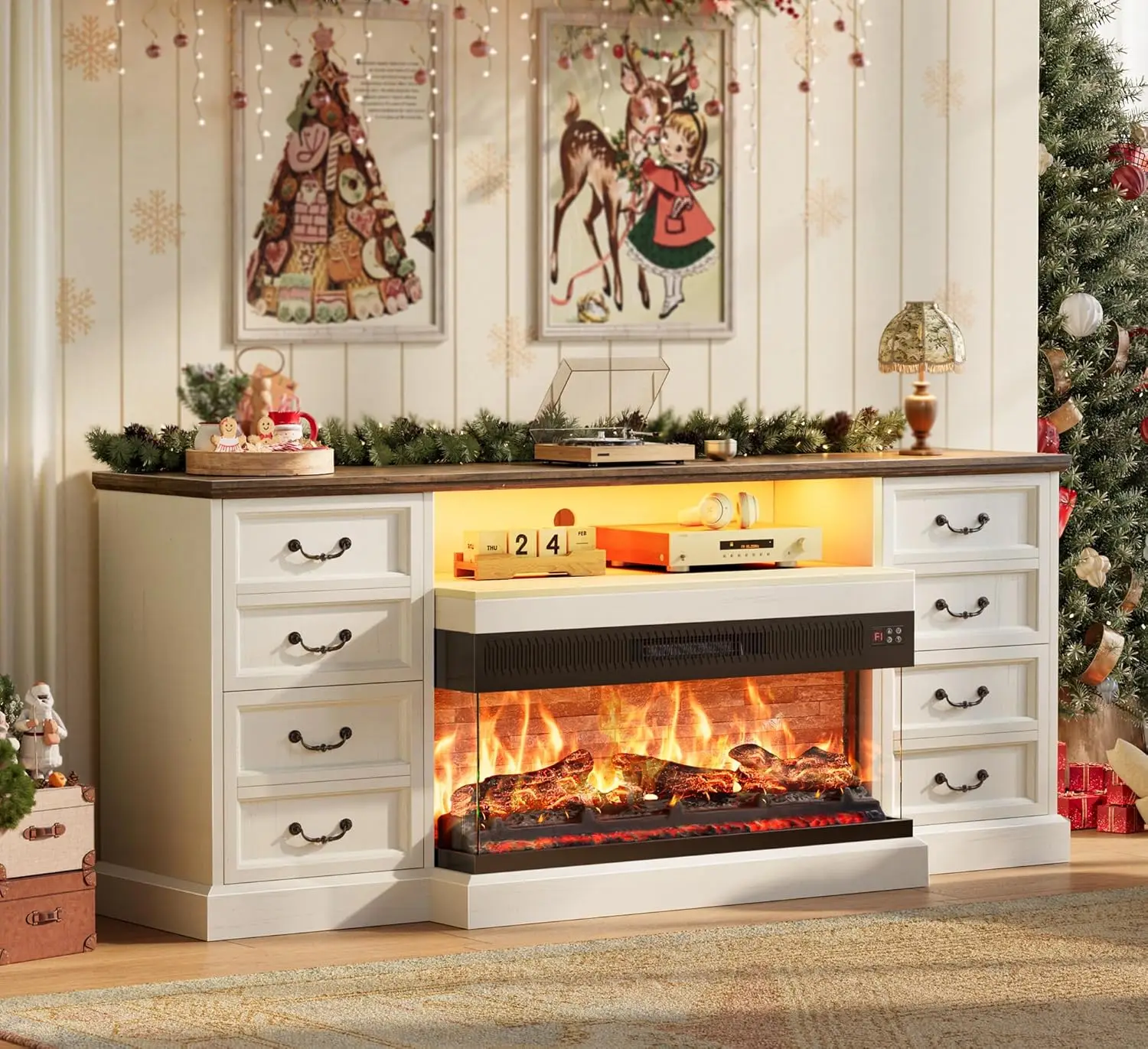 Kamin-TV-Ständer mit LED-Leuchten für 75 80-Zoll-Fernseher, 3-seitiges Glaskamin-Entertainment-Center, 70-Zoll-Bauernhaus-TV S