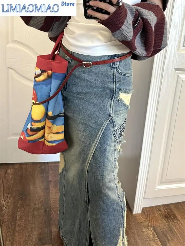 Women's Ripped Fish Tail Slit Denim Long Denim  Skirt Cool Girl Vintage Fashion Summer Female Straight Ankle-length Skirts