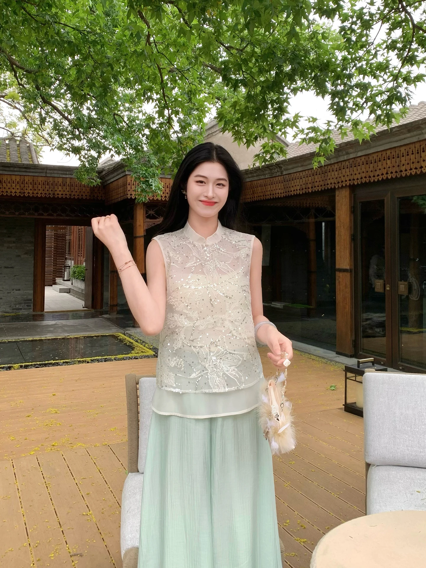 Lingxian Zhihe New Chinese Style Cold Sensation Set Women Summer Bead Embroidery Wide Leg Pants High Waist Shirt Fashion Set