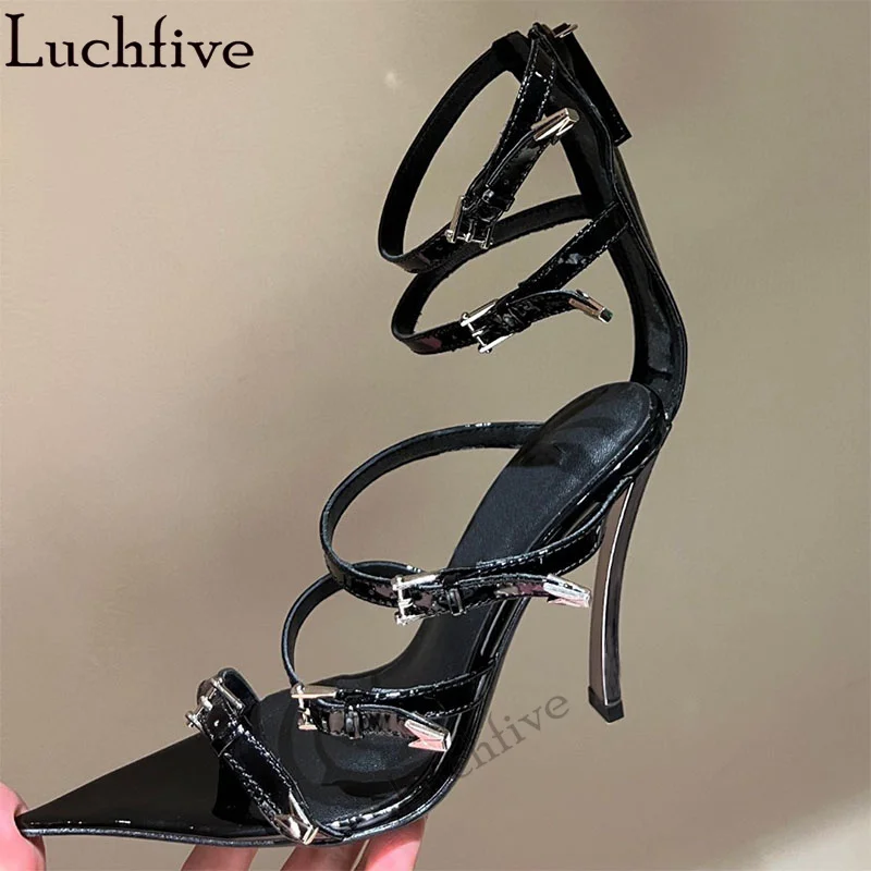 

Pointed toe Gladiator Stiletto Sandals Woman Narrowband Buckle High-heel Sandals 2022 Summer New Sexy Fashion Luxury Party Shoes