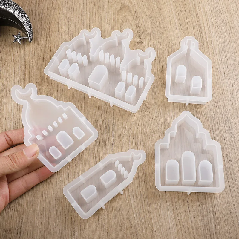 1pc Eid Mubarak Hollow Out Mosque Silicone Mold Ramadan Muslim Gypsum Dropper Mold DIY Craft 3D Ornament Desktop Decoration