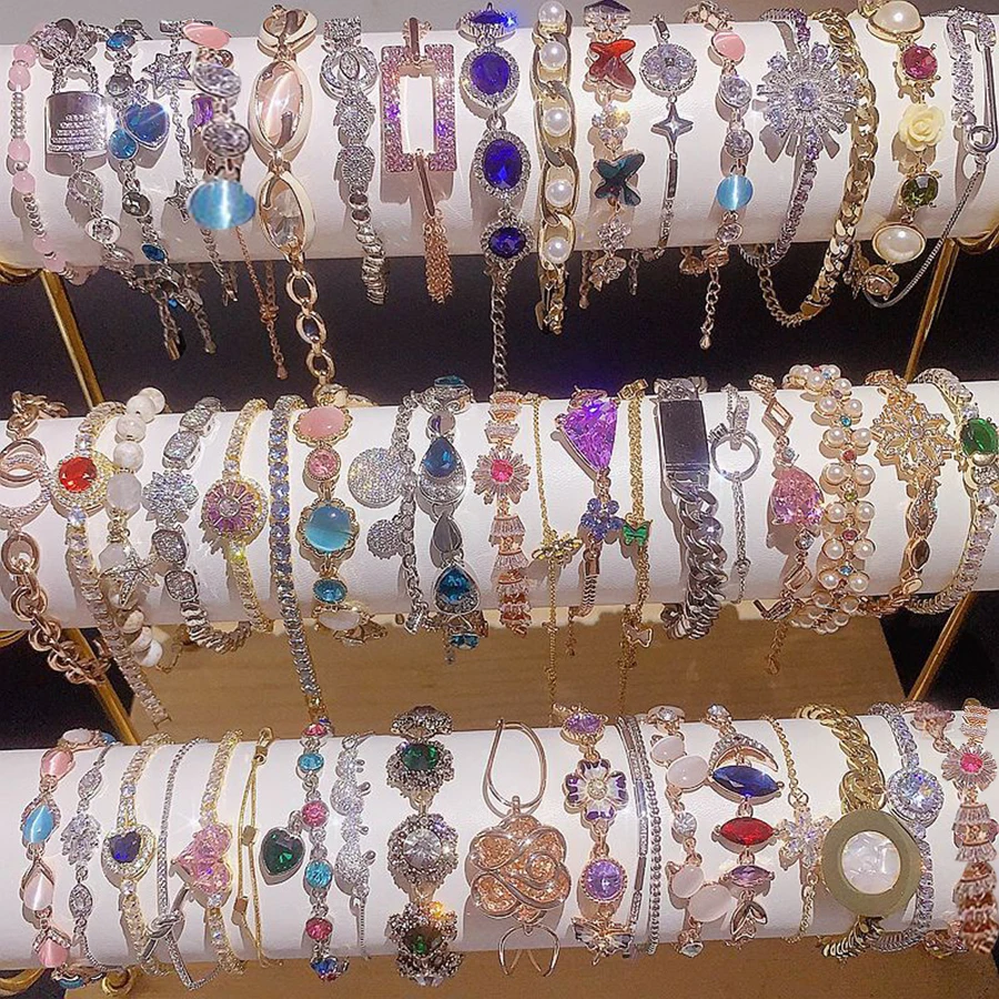 10Pcs Artificial Gemstone Inlay Copper Material Women's Bracelet Luxury Super Flash Mixed Style Bracelet Fashion Jewelry Gifts