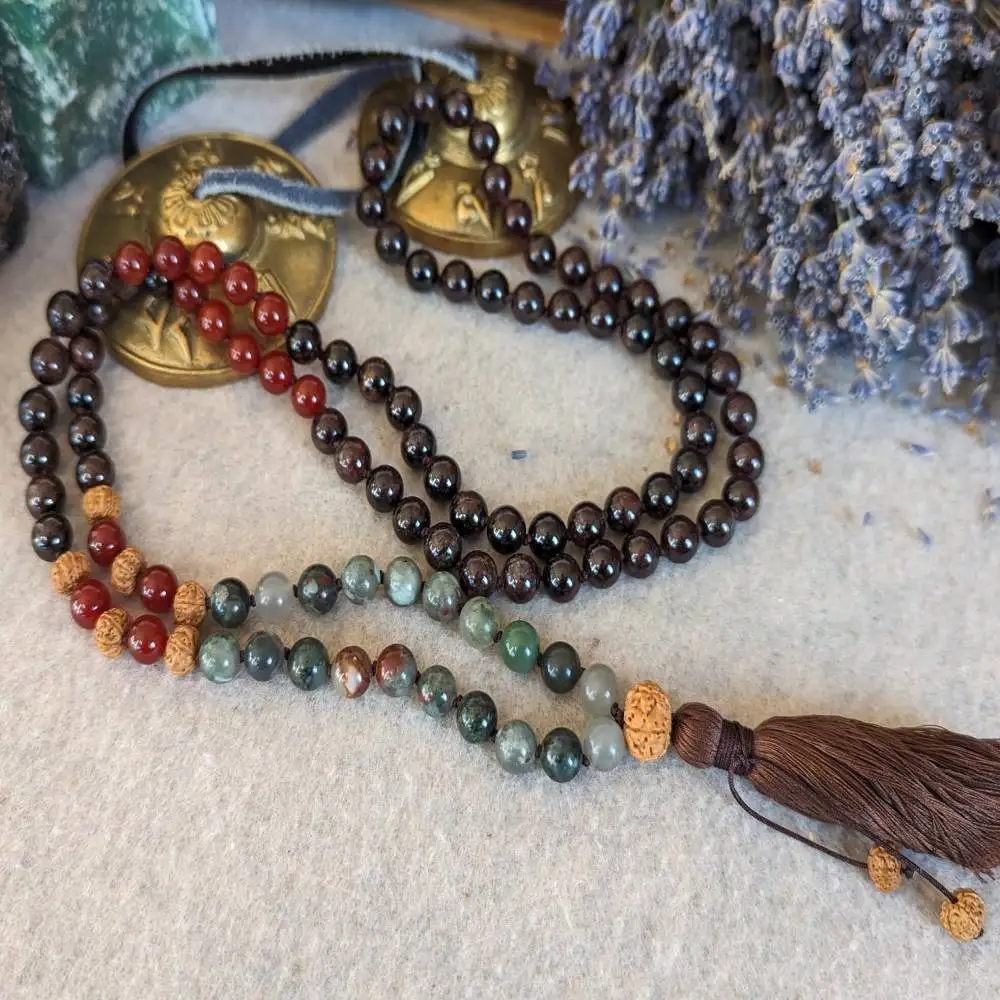

Natural Smoky Quartz, Red Agate & Rudraksha 108 Mala Beads Necklace with Brown Tassel Grounding & Protection Energy Jewelry