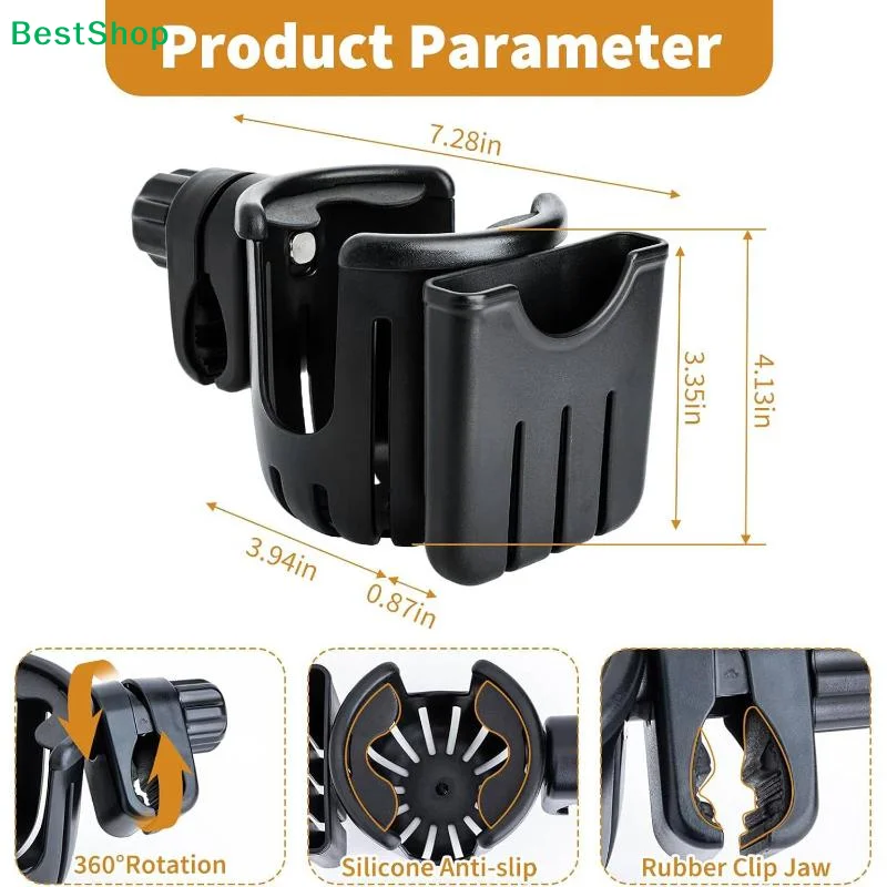 2 In 1 Motorcycle Stroller Cup Holder Bike Wheelchair Phone With Walker Rack Black Easy 360 Install Degree Rotation Adjusta