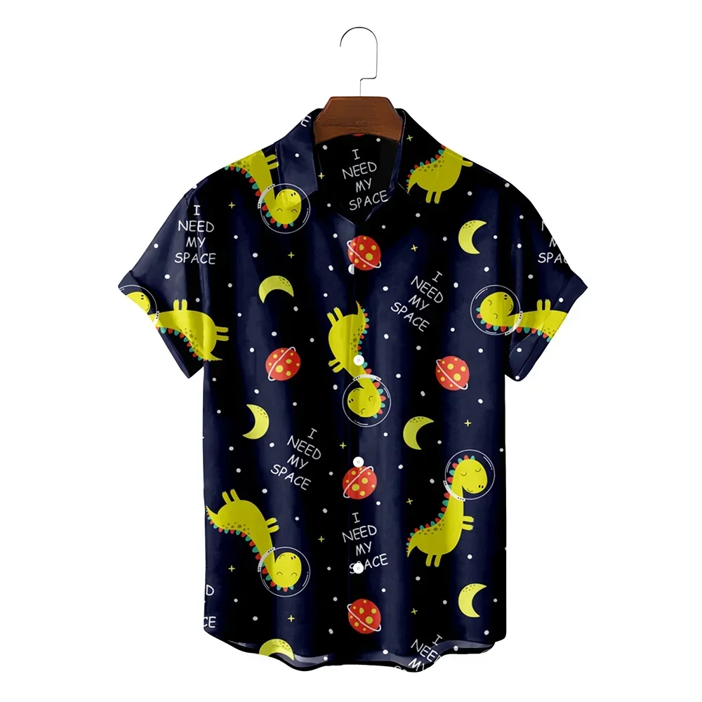 Healing Cartoon Dinosaur Creative Print Men's Casual Age Reduction Parent-child Versatile Lapel Short Sleeved Shirt