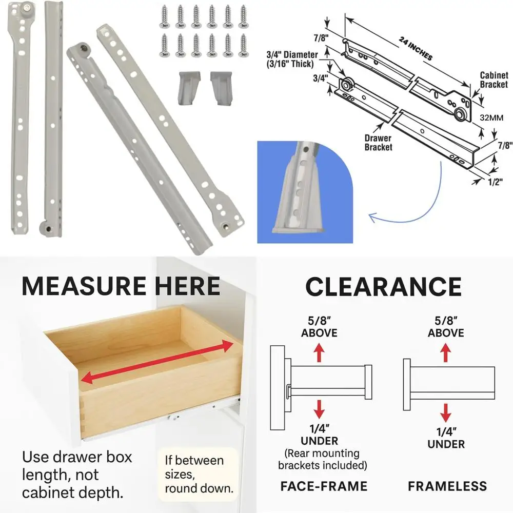 

Heavy Duty 24 Inch Slides, 8-Pack, Suitable for Face-Frameless Cabinets, 75lbs Capacity, Cold Rolled Steel, Powder Coated Finish