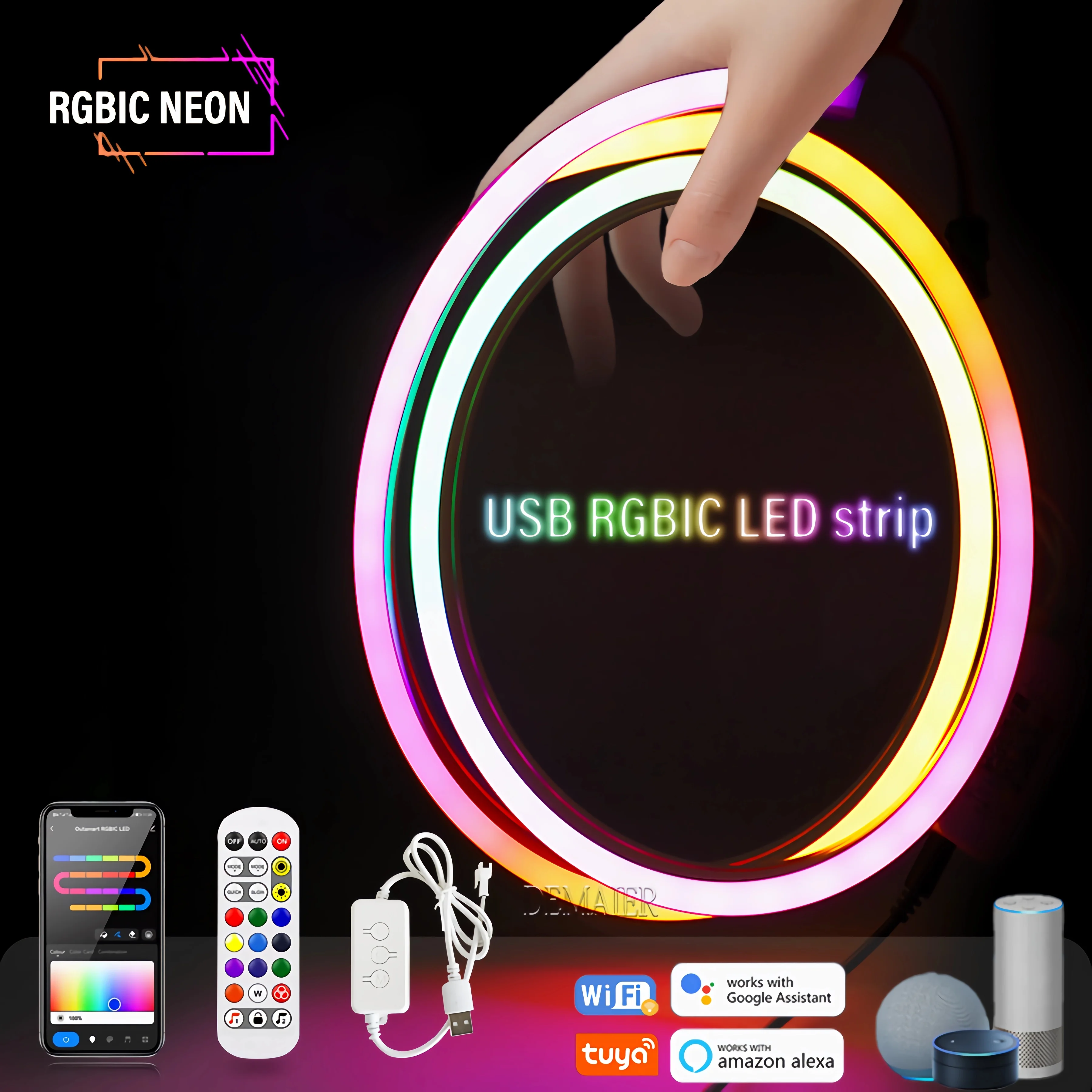 Imagem -02 - Usb Led Rgb Neon Strip Lights dc 5v Ws2812b Tuya Inteligente ic Flexível Dreamcolor Perseguindo Fita para Quarto Música Faça Você Mesmo Trabalhar com Alexa