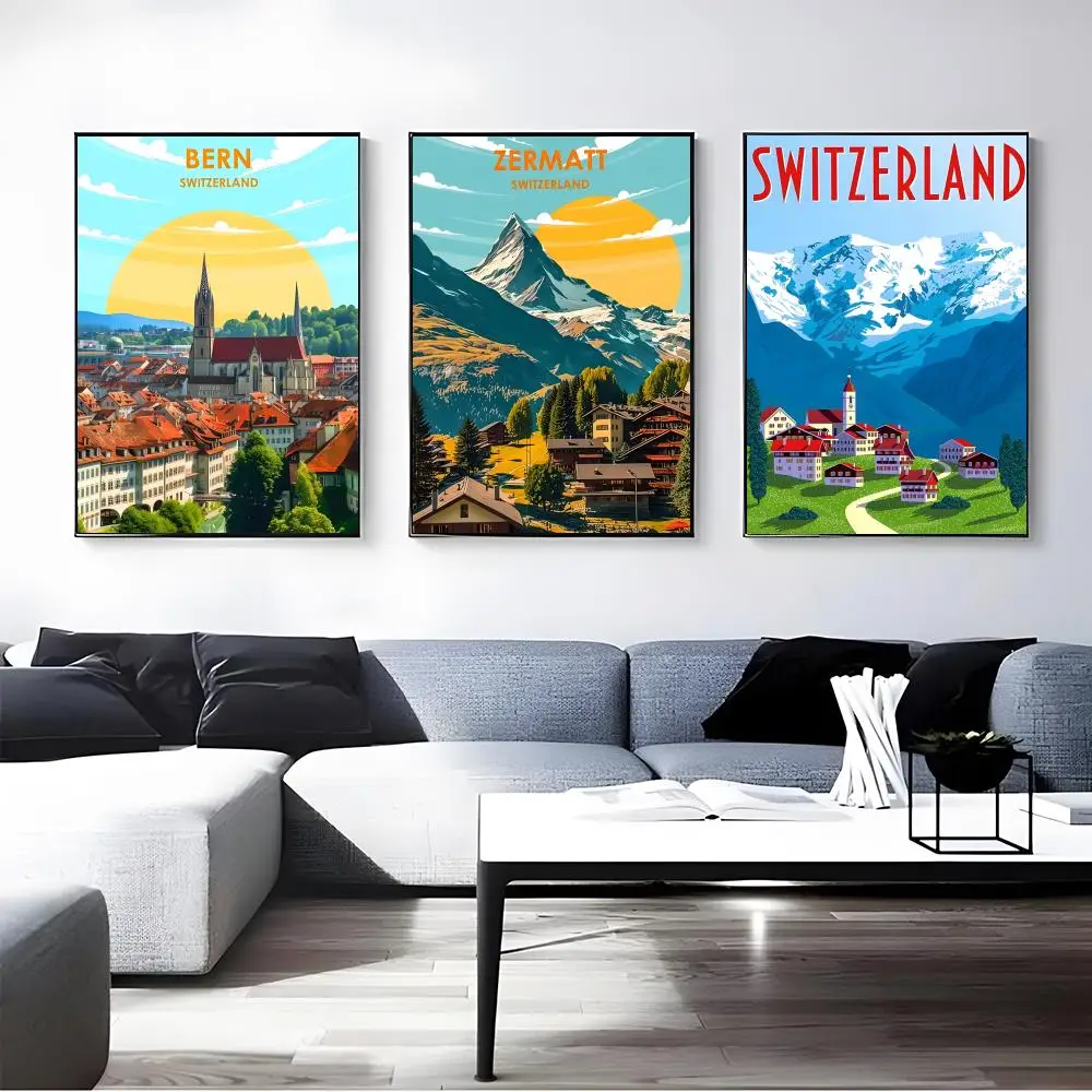 Place Swiss Town Poster Self-adhesive Art Waterproof Paper Sticker Coffee House Bar Room Wall Decor