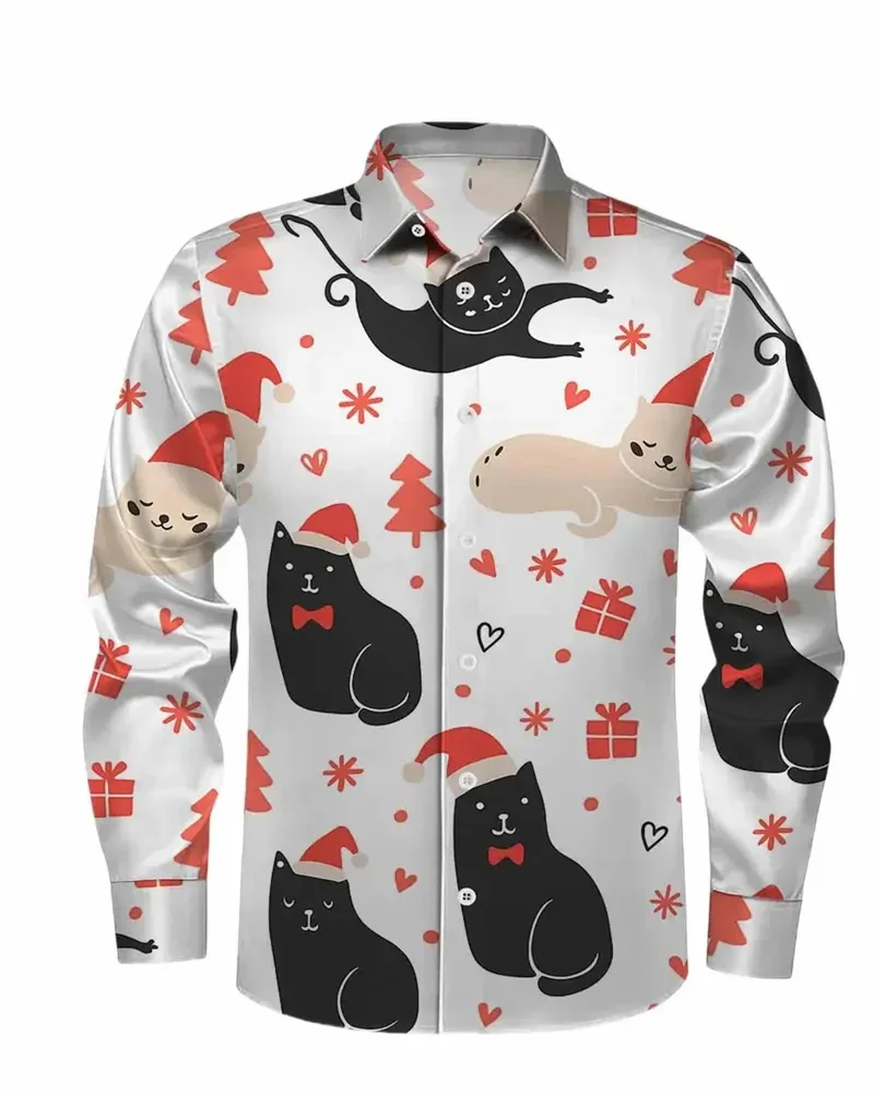 Kerstmode herenoverhemd met lange mouwen, casual en comfortabel overhemd met reversknopen en lange mouwen, kitten nieuwe herentop