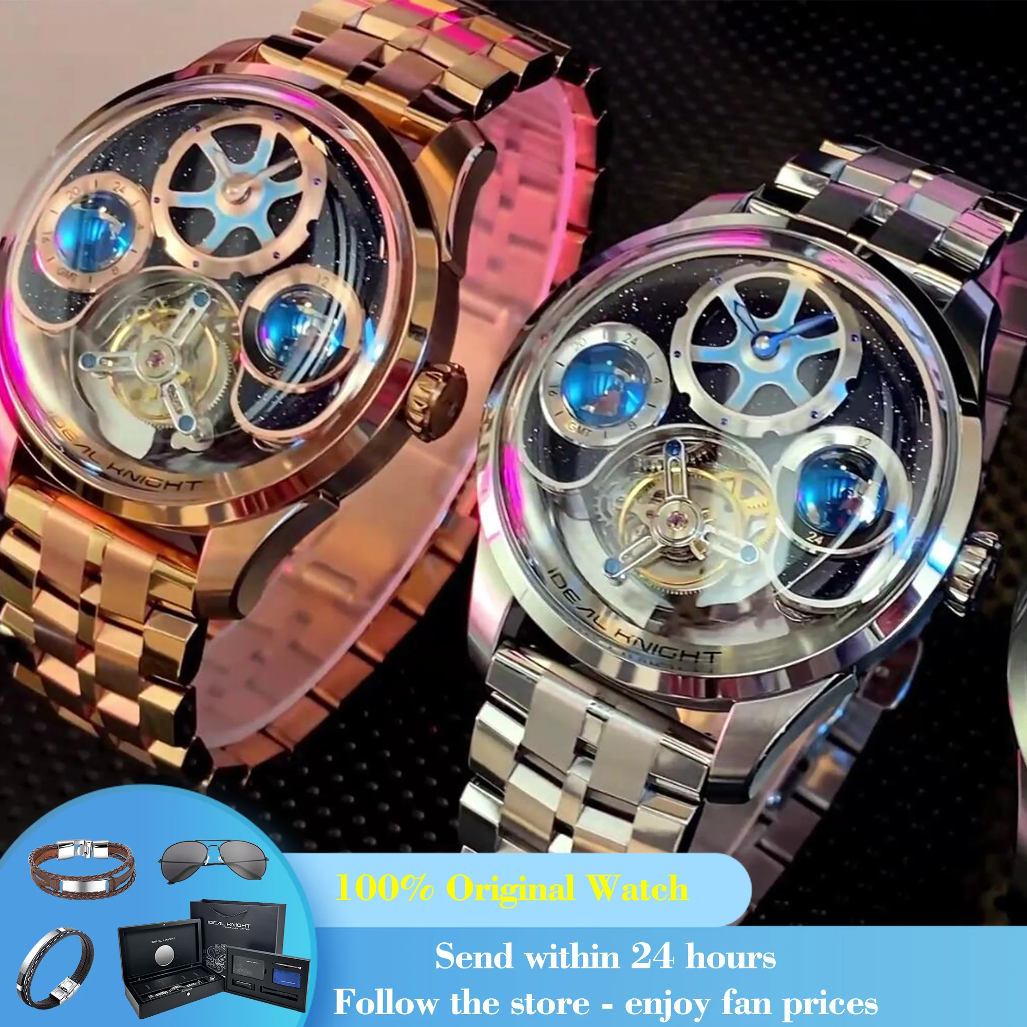 

IDEAL KNIGHT 6808 Watch For Men Tourbillon Mechanical Fashion Wristwatch 50M Waterproof Two Location Time Display Man Watches