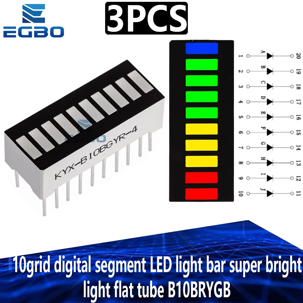 3PCS EGBO 10grid digital segment LED light bar super bright 2 red+3 yellow+4 green+1 blue light flat tube B10BRYGB