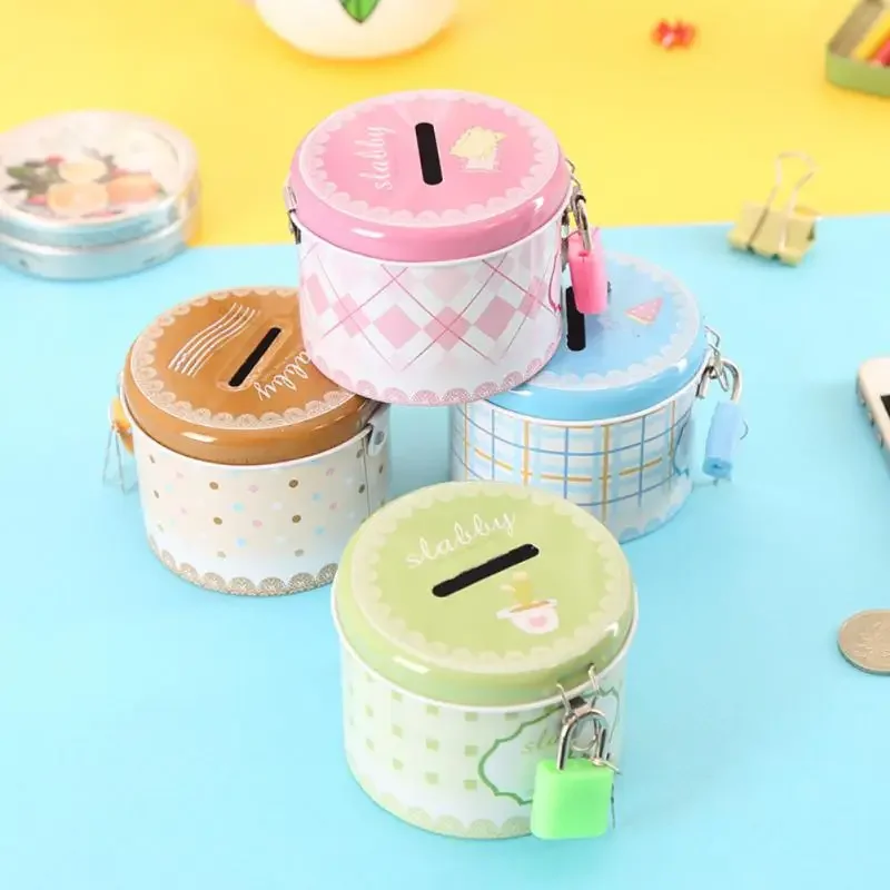 Money Box Round Cute Creative Coin Box Piggy Bank Money Safe Box with Lock and Key Metal Cartoon Birthday Gift for Children