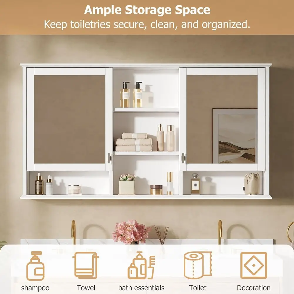 55"x28" Bathroom Medicine Cabinet with Mirror, Wall Mounted Bathroom Storage Organizer with 5 Open Shelves & Adjustable Interior view 4