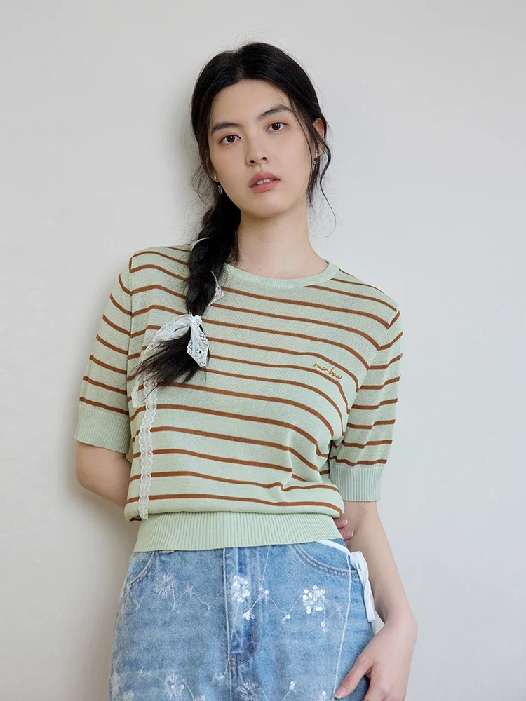 DUSHU Women Summer Knitwear Round Neck Green Brown Stripe Casual Short Sleeve Knitted T-Shirts Female Thin Knit Tops 24DS82732