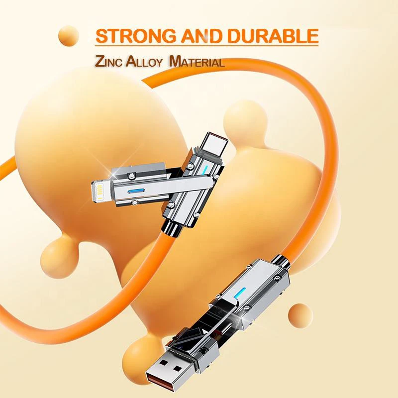 Kabel 4 w 1 120W z podwójnym złączem Type-C PD 180 °   Kabel do szybkiego ładowania z obrotowym złączem do iPhone'a, Huawei, Xiaomi, Samsunga, 2M, kable USB do ładowarki