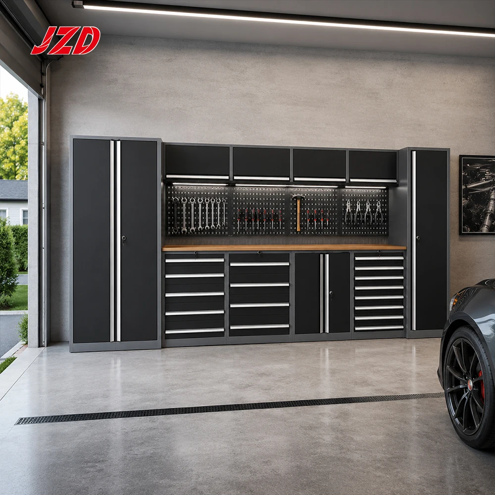 JZD Heavy-Duty Modular Garage Storage System Professional Steel Workshop Workbench With Custom Wall Tool Cabinets Set