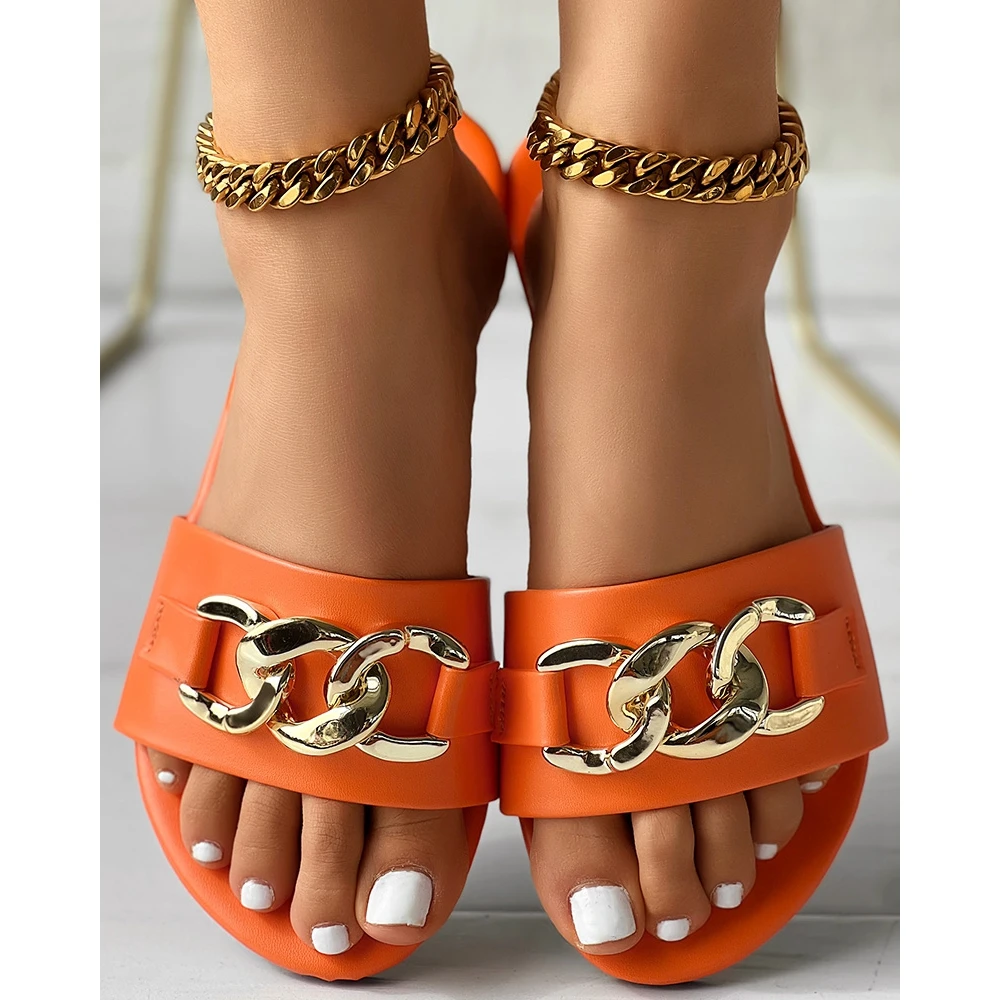 Summer Women Metal Chain Ring Decor Flat Slippers Round Toe Casual Outdoor Slippers Spring Going Out Beach Shoes Zapatos Mujer