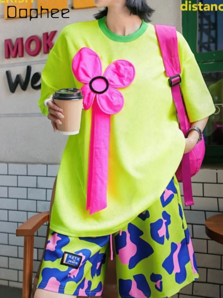 Spring Summer 2024 New Fluorescent Green Roseo Contrasting Colors Flower Fashion Brand Loose Casual Short Sleeve T-shirt Women