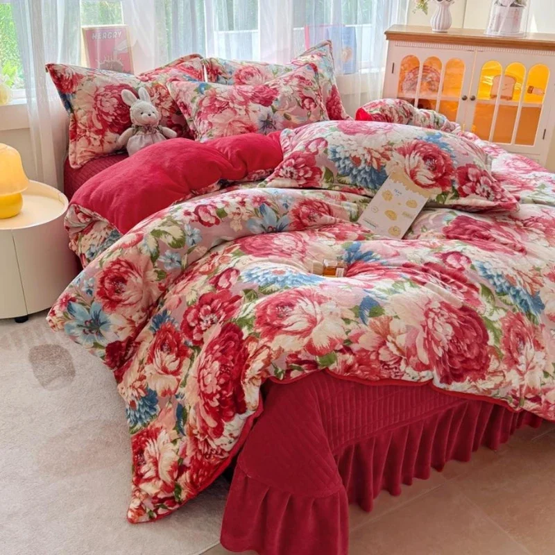 Winter Plush Print Bedding Four-piece Set Bedroom Duvet Cover Autumn Double Sided Velvet Sheets Household Goods with Pillowcase