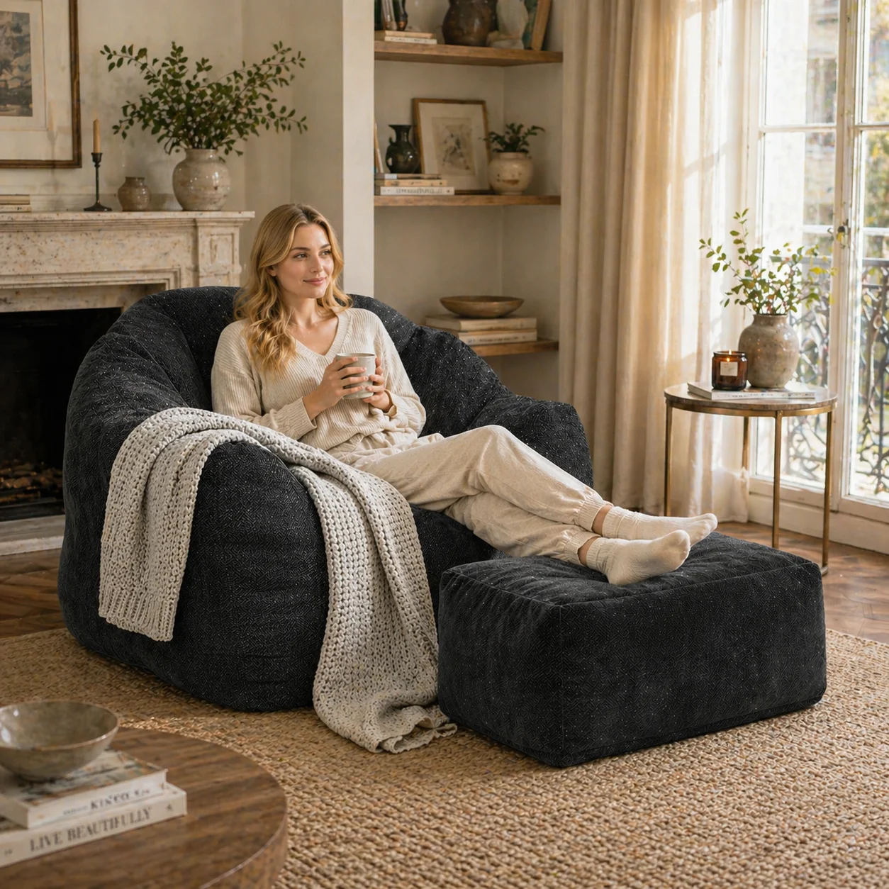 Glitter Plush Bean Bag Chair Set With Footstool, Ergonomic Curved Backrest, High-Density Foam Vacuum Compressed Lounger, Anti-Sl