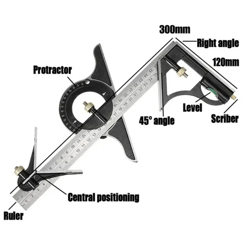 Square Right Angle Ruler Protractor Movable Square Woodworking Angle Ruler Stainless Steel Measuring Tools Multi Combination Set