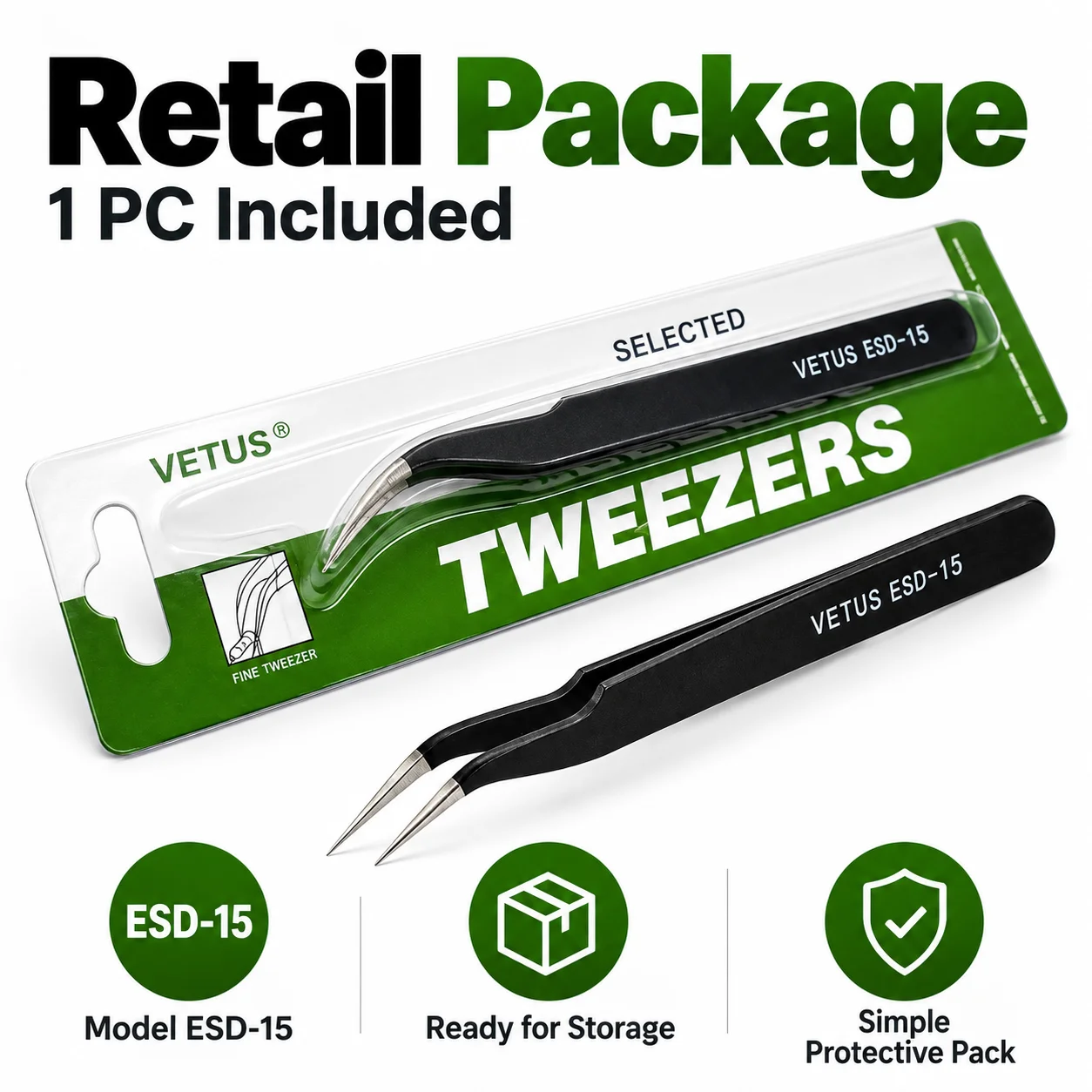 VETUS ESD-15 Anti-Static Curved Precision Tweezers Fine Tip for PCB SMD BGA Soldering Electronics Repair