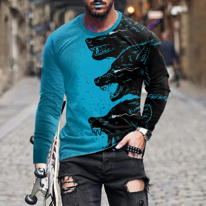 

Street Hip Hop Animal Wolf Men's T-Shirts Spring Autumn Long Sleeve 3D Print Tee 6XL Plus Size Casual Tops