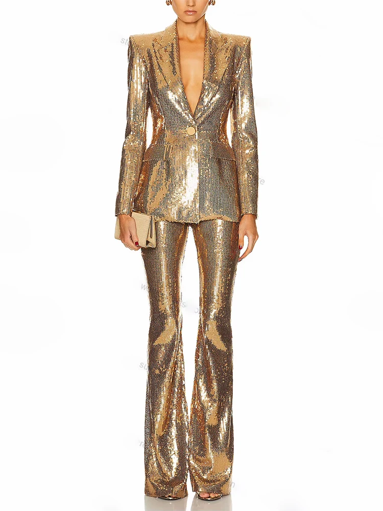 HIGH STREET Newest Fashion 2026 Designer Runway Suit Set Women's Single Button Sequined Blazer Jacket Flare Pants Set 2pcs