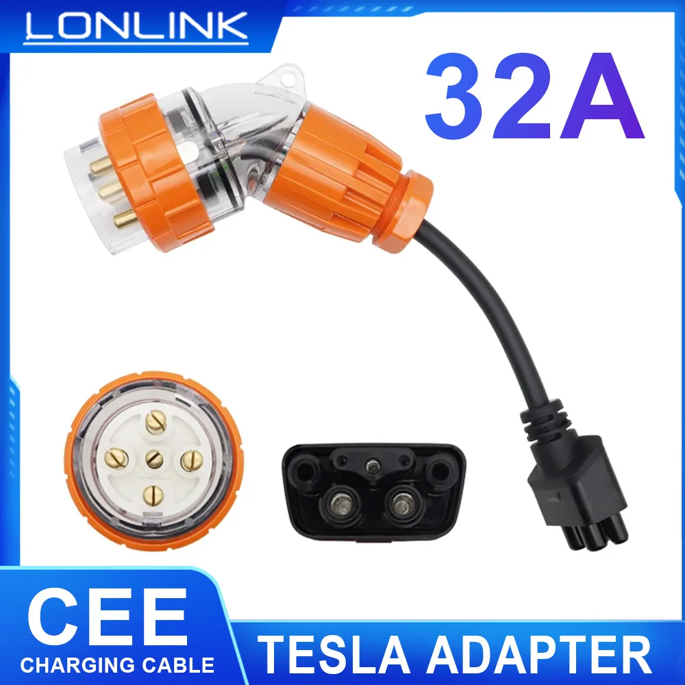 Lonlink 5 Pins CEE Adapter Ev Charger Tesla Extension Cord Connector with 32A 3P+N+E Australian waterproof power elbow plug